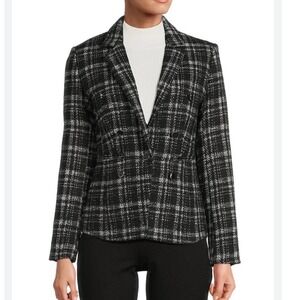 Saks Fifth Avenue Black White Plaid Tweed Double Breasted Blazer Jacket Large
